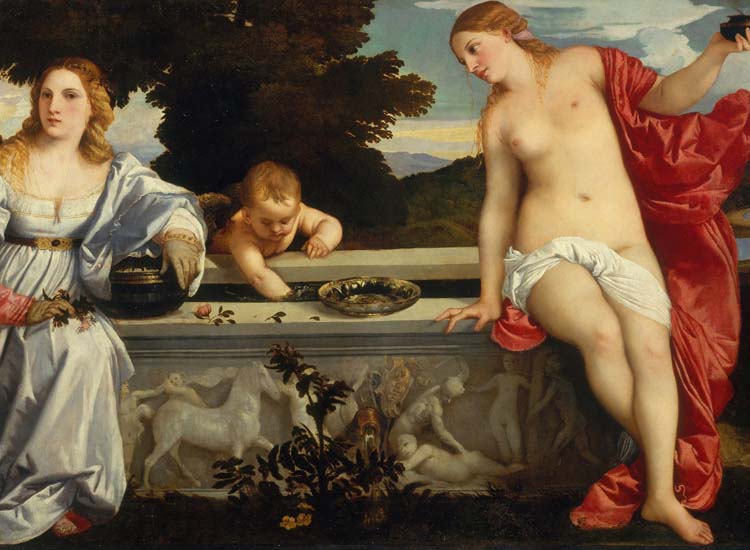 Tiziano, Amor sacro e Amor profano (1515), olio su tela, particolare. Roma, Galleria Borghese